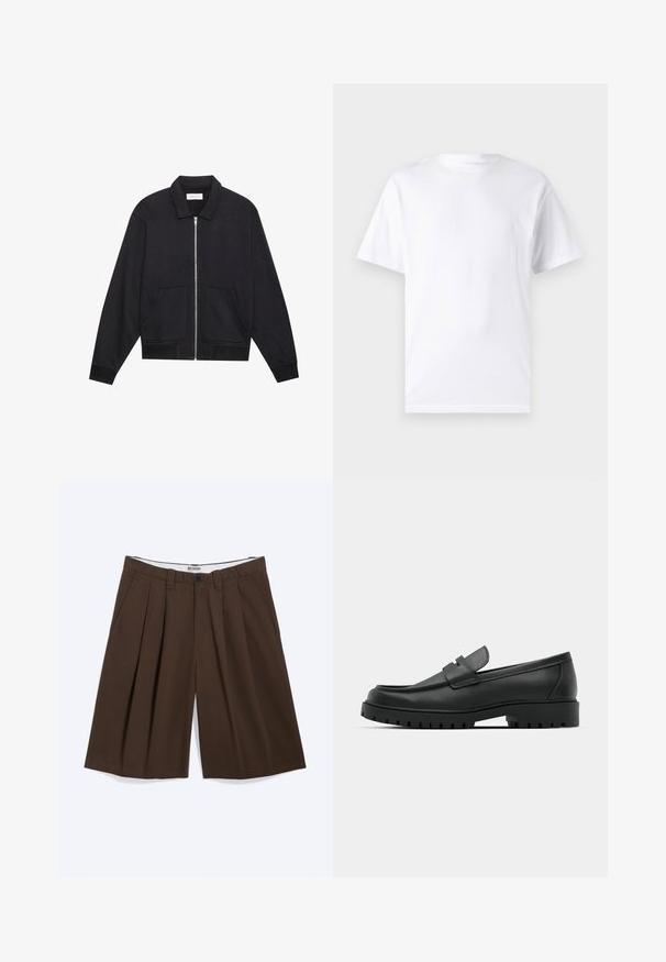 Veste noire zippée avec col, deux poches avant, poignets côtelés et finition en tissu texturé. Design simple et moderne.; T-shirt blanc à manches courtes en coton avec un col rond, présentant une texture lisse et un design simple, sans motifs ni accents.; Shorts marron plissés longueur genou avec poches latérales, passants pour ceinture et fermeture par bouton, étiquetés « WEEKDAY » sur la ceinture intérieure.; Mocassins en cuir noir à bout arrondi, avec un design cousu, une semelle plateforme basse et une semelle en caoutchouc texturée et crantée.