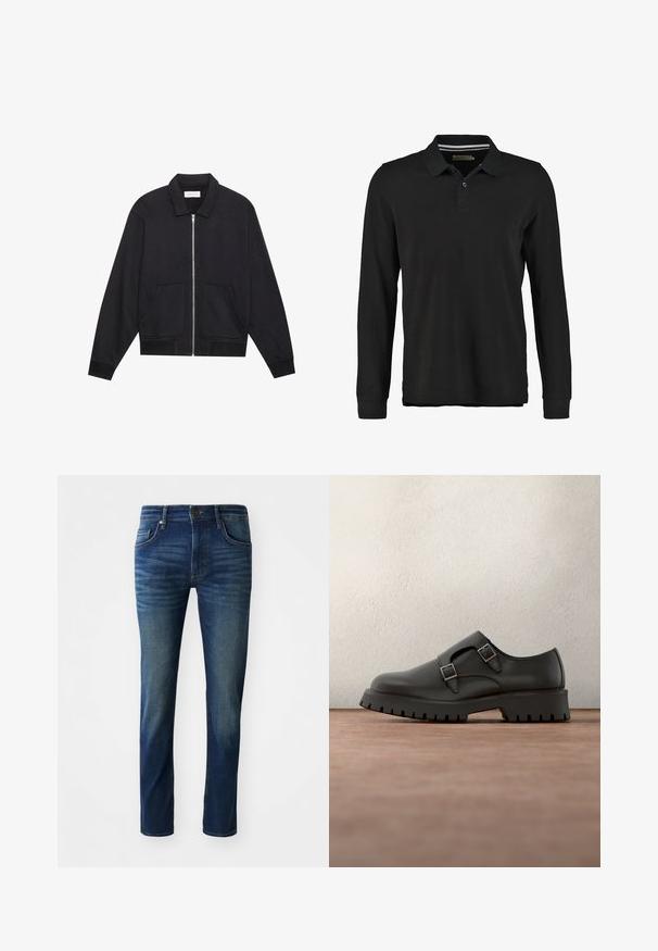 Schwarze Zip-Jacke mit Kragen, zwei Fronttaschen, gerippten Bündchen und einer strukturierten Stoffoberfläche. Einfaches und modernes Design.; Schwarzes Langarm-Polohemd aus Baumwolle. Verfügt über eine Knopfleiste mit zwei Knöpfen, einen gerippten Kragen und ein dezentes Streifendetail unter dem Kragen.; Dunkelblaue Jeans aus Denim mit Slim-Fit, fünf Taschen, einem vorderen Knopfverschluss und einer dezenten, ausgebleichten Textur an den Beinen.; Schwarzer Lederschuh mit doppelten Schnallenriemen, abgerundetem Zehenbereich und strukturierter, dicker Gummisohle. Minimalistisches Design mit kontrastierendem blauem Innenfutter.