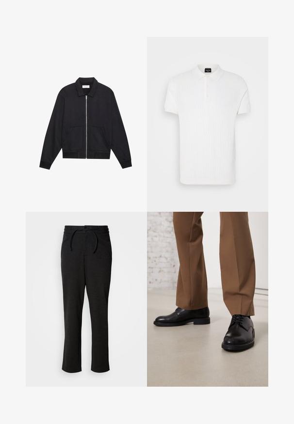 Veste noire zippée avec col, deux poches avant, poignets côtelés et finition en tissu texturé. Design simple et moderne.; Polo-shirt blanc à manches courtes avec un motif en maille texturée, col classique et patte de boutonnage à trois boutons. Fini en tissu lisse.; Pantalons en tricot noirs avec un waistband à cordon de serrage, coupe droite et poches latérales. Texture douce avec une finition lisse.; Chaussures en cuir noir avec une surface lisse et un bout arrondi, dotées d'un système de laçage et d'une semelle plate et basse. Associées à un pantalon marron.