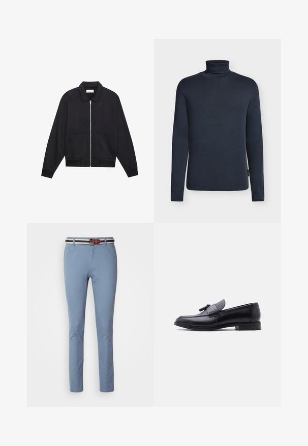Schwarze Zip-Jacke mit Kragen, zwei Fronttaschen, gerippten Bündchen und einer strukturierten Stoffoberfläche. Einfaches und modernes Design.; Dunkel marineblauer Rollkragenpullover mit langen Ärmeln und enger Passform auf schlichtem hellem Hintergrund.; Hellblaue Hose im Slim Fit, ausgestattet mit einem braunen Ledergürtel mit weißen und navyblauen Streifenakzenten. Glatte Stofftextur, klassisches Design.; Schwarzer Leder-Slipper mit strukturiertem grauem Stoffeinsatz und Quastendetail, niedriger Absatz und abgerundete Spitze, seitliche Ansicht auf weißem Hintergrund.