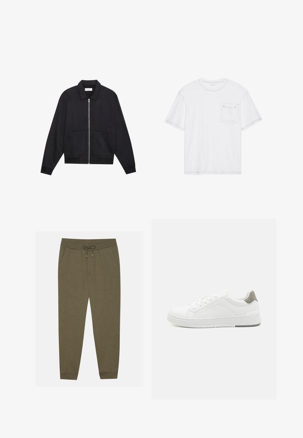 Veste noire zippée avec col, deux poches avant, poignets côtelés et finition en tissu texturé. Design simple et moderne.; T-shirt en coton blanc à manches courtes, col rond et poche poitrine. Présente des coutures contrastantes le long des bords.; Pantalons de jogging vert olive avec une taille élastique, cordon de serrage, poches latérales et jambes fuselées. Fabriqués en tissu doux au toucher lisse.; Basket blanche en cuir lisse, à bout arrondi, design minimaliste, accent de talon gris et semelle en caoutchouc texturé.