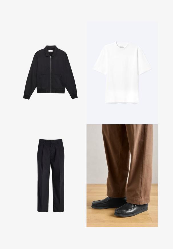 Chaqueta negra con cremallera y cuello, dos bolsillos frontales, puños acanalados y un acabado de tela texturizada. Diseño simple y moderno.; Camiseta lisa blanca de manga corta y cuello redondo con un corte relajado, mostrada sobre un fondo claro.; Pantalones negros de tiro recto con cinturilla, trabillas, cremallera frontal y bolsillos laterales mostrados sobre un fondo blanco.; Zapatos de cuero negros con diseño de mocasín y detalles de costura, combinados con pantalones marrones, sobre un suelo de madera.