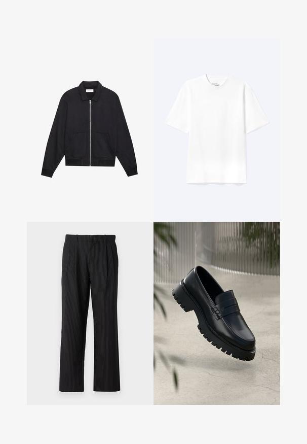 Veste noire zippée avec col, deux poches avant, poignets côtelés et finition en tissu texturé. Design simple et moderne.; T-shirt blanc uni à manches courtes et col rond avec une coupe décontractée, présenté sur un fond clair.; Jack & Jones Classic Wide Leg Fit - Pantalon classique - black; Mocassins en cuir noir avec une semelle à crampons épaisse, dotés d'une sangle décorative et de détails de couture. Texture lisse avec une finition polie.