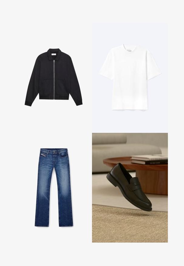 Chaqueta negra con cremallera y cuello, dos bolsillos frontales, puños acanalados y un acabado de tela texturizada. Diseño simple y moderno.; Camiseta lisa blanca de manga corta y cuello redondo con un corte relajado, mostrada sobre un fondo claro.; Pantalones vaqueros de mezclilla azul con un diseño de pierna recta, cinco bolsillos y costuras tonales. La tela tiene una textura suave con un ligero desgastado.; Zapato mocasín de cuero negro mostrado en el aire sobre una alfombra beige tejida, con una mesa de madera y libros apilados en una sala de estar con luz suave.