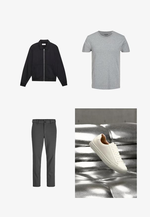 Veste noire zippée avec col, deux poches avant, poignets côtelés et finition en tissu texturé. Design simple et moderne.; T-shirt gris à manches courtes en coton doux. Doté d'un col ras du cou classique et d'une coupe régulière. Design simple sans motifs ni accents.; Pantalons gris ajustés en tissu lisse, dotés d'une fermeture à bouton et de passants de ceinture, avec une coupe droite et sans motifs visibles.; Baskets basses blanches flottant au-dessus d'une surface en cuir argenté brillant capitonnée.