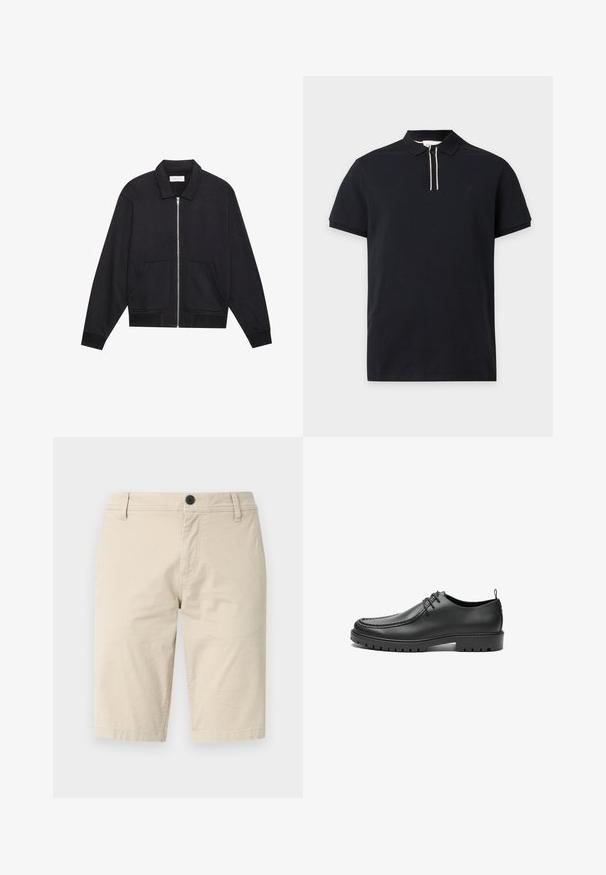 Sort lynlåsjakke med krave, to frontlommer, ribbede manchetter og en struktureret stoffinish. Enkel og moderne design.; Sort polo kortærmet skjorte med krave og knaplukning med to lodrette hvide striber.; Beige shorts lavet af let væv, med en flad front, en enkelt knaplukning og to sidelommer; glat tekstur.; Sorte lædersko med en glat overflade, rund tå og dekorativ stikning. Har en gummisål med skridsikre spor og snørebåndsdesign.