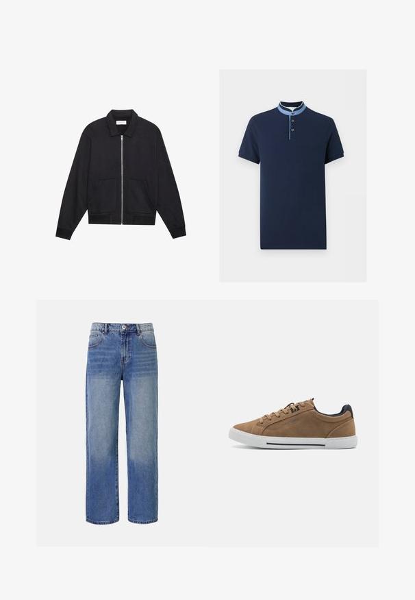 Sort lynlåsjakke med krave, to frontlommer, ribbede manchetter og en struktureret stoffinish. Enkel og moderne design.; Marineblå polo med korte ærmer, lyseblå mandarinhals og tre knapper på stolpelukningen.; Lys blå denim bred benjeans med et falme mønster, fem lommer og lynlås i gylpen. Har en knap og bæltestropper i taljen.; Brune ruskinds sneakers med beige snørebånd, hvid gummisål og en mørkeblå hælaccent. Har syede detaljer og et afslappet design.