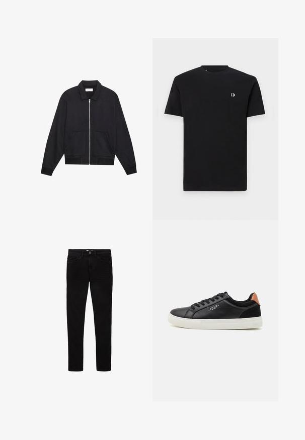 Schwarze Zip-Jacke mit Kragen, zwei Fronttaschen, gerippten Bündchen und einer strukturierten Stoffoberfläche. Einfaches und modernes Design.; Schwarz Baumwoll-T-Shirt mit kurzen Ärmeln, rundem Halsausschnitt und einem kleinen weißen Logo auf der linken Brustseite. Glatte Textur, schlichtes Design.; Schwarze Jeans aus Denim mit schlanker Passform, fünf Taschen und Knopfverschluss. Glatte Textur und minimale Nähte.; Schwarze Ledersneaker mit weißer Gummisohle, runder Zehenpartie, Schnürverschluss und einem kontrastierenden Akzent aus braunem Wildleder an der Ferse. Minimalistisches Design.