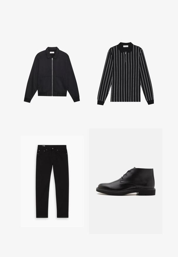 Chaqueta negra con cremallera y cuello, dos bolsillos frontales, puños acanalados y un acabado de tela texturizada. Diseño simple y moderno.; Camisa polo de manga larga en negro con rayas verticales blancas, que cuenta con un cuello con cremallera y una tela texturizada. Detalles en puños acanalados.; Jeans negros de pierna recta con bolsillos frontales y traseros, bucles para cinturón y cierre de botón y cremallera, extendidos sobre un fondo blanco.; Bota de tobillo de cuero negro con tres ojales para cordones, puntera redondeada y suela plana sobre un fondo liso y claro.