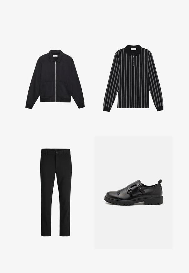 Black zip-up jacket with a collar, two front pockets, ribbed cuffs, and a textured fabric finish. Simple and modern design.; Long-sleeve polo shirt in black with white vertical stripes, featuring a zippered collar and textured fabric. Accented with ribbed cuffs.; Black trousers made of sleek fabric, featuring a classic design, straight cut, front button closure, and side pockets.; Pier One by Zalando Smart slip-ons - black