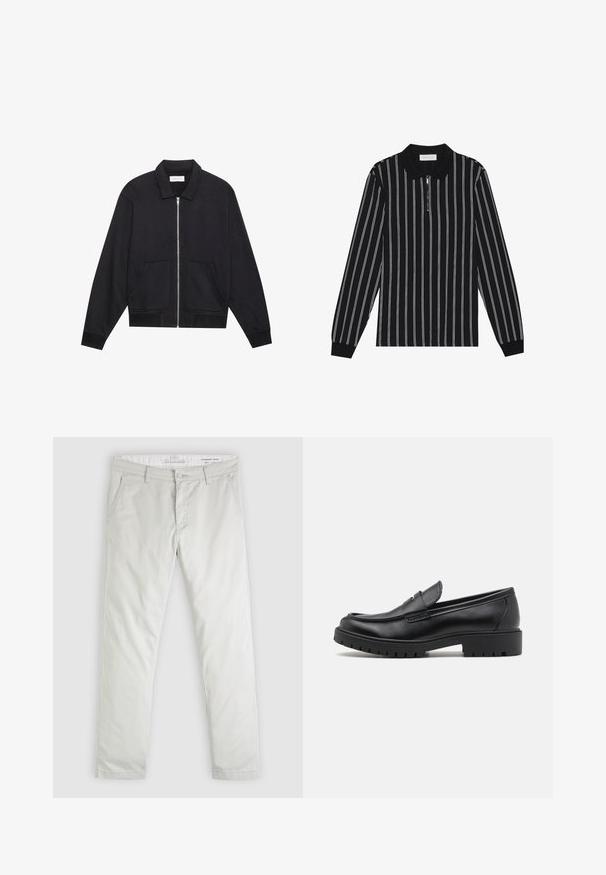 Veste noire zippée avec col, deux poches avant, poignets côtelés et finition en tissu texturé. Design simple et moderne.; Polo à manches longues noir à rayures verticales blanches, avec un col zippé et un tissu texturé. Accentué par des poignets côtelés.; Pantalon chino gris clair à jambes droites avec passants pour ceinture, poches avant et fermeture éclair, étiqueté coupe standard effilée, taille 32.; Mocassins en cuir noir avec un bout arrondi, un design à enfiler et une semelle en caoutchouc épaisse avec une texture antidérapante. Talon surélevé et détails de surpiqûre subtils.