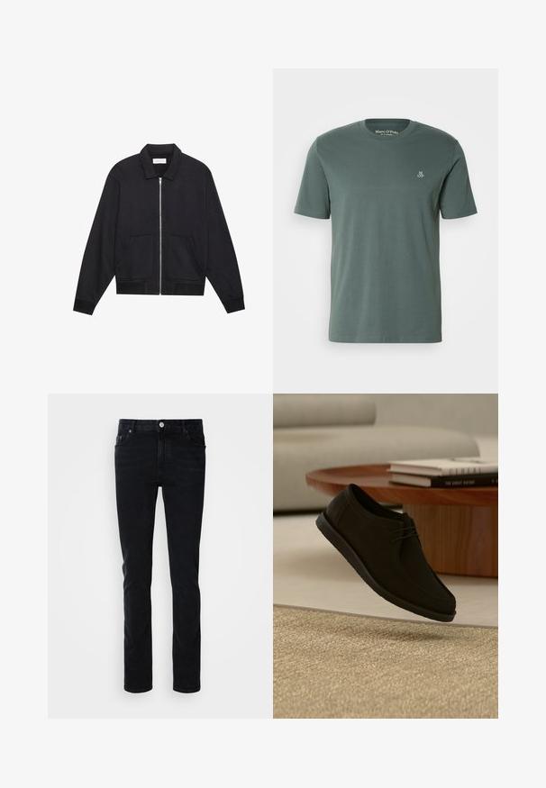 Schwarze Zip-Jacke mit Kragen, zwei Fronttaschen, gerippten Bündchen und einer strukturierten Stoffoberfläche. Einfaches und modernes Design.; Grünes Baumwoll-T-Shirt mit Rundhalsausschnitt. Verfügt über kurze Ärmel und ein kleines weißes "MOP"-Logo auf der linken Brust. Glatte Textur.; Schwarze Denim-Jeans mit einer schmalen Passform, ausgestattet mit einer Vordertasche, Gürtelschlaufen und einem Knopfverschluss. Glatte Textur, minimalistisches Design.; Schwarzer Lederschnürschuh, der über einem beigen strukturierten Teppich schwebt, mit einem runden Holztisch und gestapelten Büchern im weichgezeichneten Hintergrund.