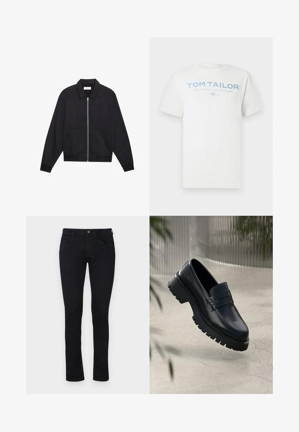 Schwarze Zip-Jacke mit Kragen, zwei Fronttaschen, gerippten Bündchen und einer strukturierten Stoffoberfläche. Einfaches und modernes Design.; Weißes Baumwoll-T-Shirt mit einem hellblauen Druck, der "TOM TAILOR", "THE CASUAL DEPARTMENT" und "1962" zeigt. Klassischer Rundhalsausschnitt und kurze Ärmel.; Schwarze Slim-Fit-Jeans aus Denim mit glatter Textur. Mit fünf Taschen und einem Reißverschluss sowie einem Knopfverschluss an der Taille.; Schwarze Lederloafer mit einer robusten profilierten Sohle, ausgestattet mit einem dekorativen Riemen und einer Stichdetail. Glatte Textur mit einem polierten Finish.