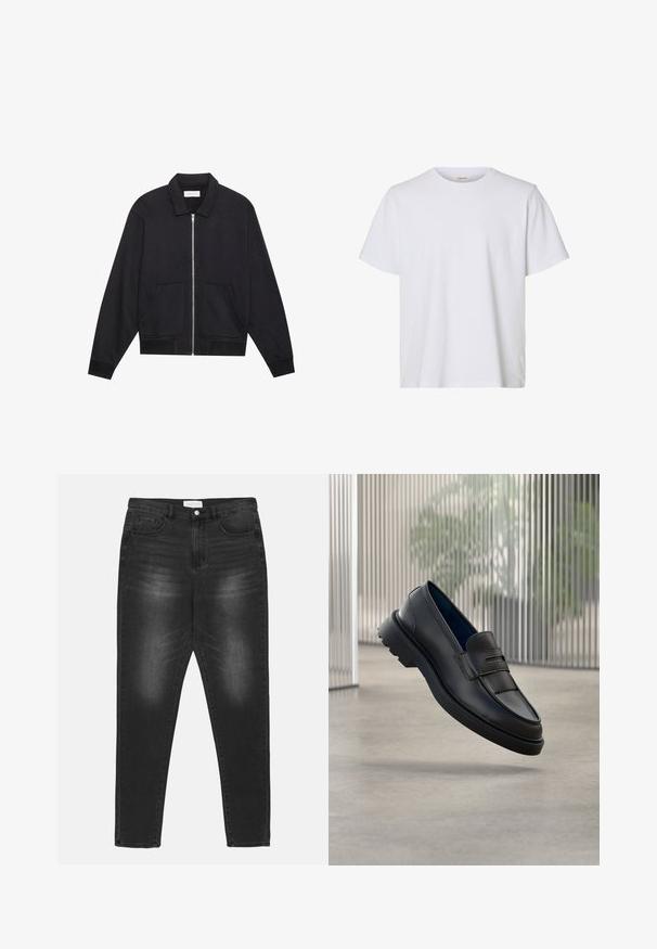 Veste noire zippée avec col, deux poches avant, poignets côtelés et finition en tissu texturé. Design simple et moderne.; T-shirt blanc uni à manches courtes, col rond, coupe régulière et texture de tissu lisse, présenté sur fond blanc.; Jean en denim noir avec un effet délavé, taille haute, design à cinq poches et accessoires en métal argenté. Coupe droite avec des détails de surpiqûres contrastées.; Mocassins noirs en cuir à finition lisse, avec une bride décorative et un panneau texturé à l'avant, ainsi qu'une semelle en caoutchouc texturée.