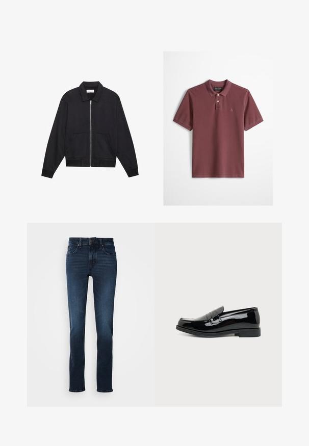 Schwarze Zip-Jacke mit Kragen, zwei Fronttaschen, gerippten Bündchen und einer strukturierten Stoffoberfläche. Einfaches und modernes Design.; Bordeauxrotes Polo-Shirt mit kurzen Ärmeln, zwei beigen Knöpfen, Kragen und kleinem gesticktem Logo auf der linken Brust.; Dunkelblaue Jeans im Denim-Stil mit geradem Schnitt, fünf Taschen, Vorderknopfverschluss und subtilen Verblassungen an den Oberschenkeln.; Schwarzer glänzender Lederloafer mit niedrigem Absatz und einem Riemendetail oben, seitlich auf weißem Hintergrund dargestellt.