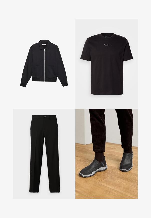 Schwarze Zip-Jacke mit Kragen, zwei Fronttaschen, gerippten Bündchen und einer strukturierten Stoffoberfläche. Einfaches und modernes Design.; Schwarzes Baumwoll-T-Shirt mit kurzen Ärmeln, U-Ausschnitt und einem weißen Logodruck auf der Brust. Einfaches, klassisches Design.; Schwarze Hose aus glattem Stoff, mit geradem Schnitt, einem Knopfverschluss an der Taille und ohne sichtbare Muster oder Akzente.; Schwarze Slipper aus strukturiertem Leder mit grauer Gummisohle, auf einem Holzfußboden und zu einer Cordhose arrangiert.