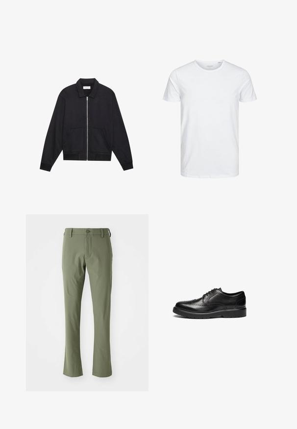 Sort lynlåsjakke med krave, to frontlommer, ribbede manchetter og en struktureret stoffinish. Enkel og moderne design.; Rundhals kortærmet t-shirt i ensfarvet hvid, lavet af blød bomuld, har et simpelt design uden synlige mønstre eller detaljer.; Grønne skræddersyede bukser med slim fit, lavet af glat stof. Har en frontlynlås, knaplukning og lige sømme.; Sorte læderdress sko med brogue detaljer, rund tå og tekstureret sål. Har klassisk snøre og en solid hæl for støtte.