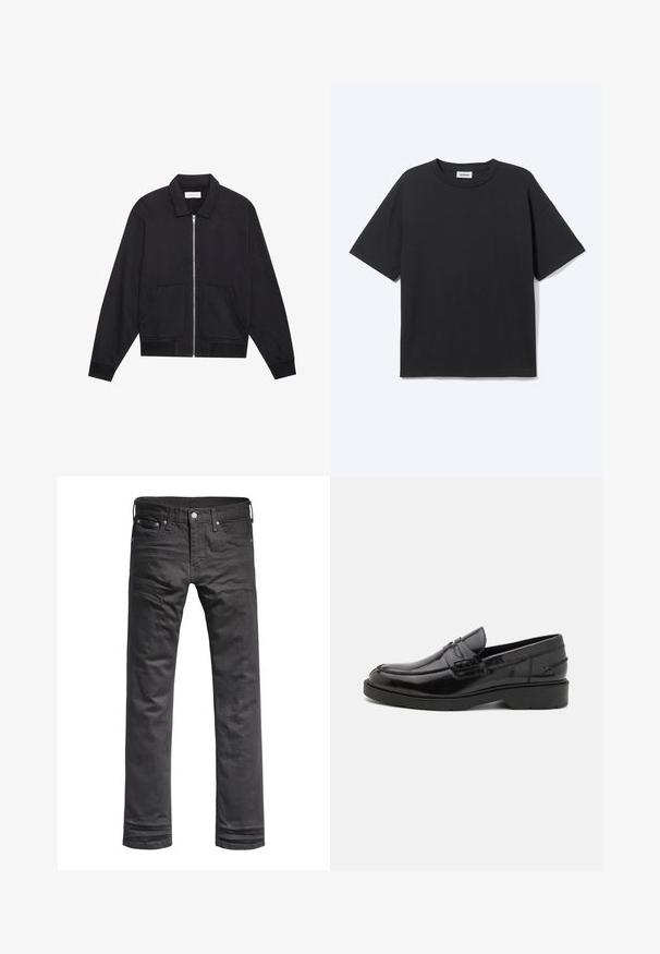 Sort lynlåsjakke med krave, to frontlommer, ribbede manchetter og en struktureret stoffinish. Enkel og moderne design.; Sort T-shirt med korte ærmer og rund hals med afslappet pasform, forfra, ensfarvet design og synligt Weekday-mærke inde i kraven.; Sorte denim jeans med et klassisk lige ben-design. Har frontlommer, knaplukning og diskrete syninger.; Sorte læder loafers med en glat finish, rund tå, lav hæl og dekorativ syning langs forsiden. Gummisål for godt greb.