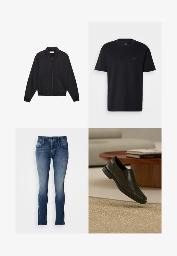 Chaqueta negra con cremallera y cuello, dos bolsillos frontales, puños acanalados y un acabado de tela texturizada. Diseño simple y moderno.; Camiseta de algodón negra de manga corta con cuello redondo y un parche de logotipo negro texturizado en el pecho. Tejido suave y ligero.; Jeans de mezclilla azul con acabado desgastado, diseño de cinco bolsillos, corte recto y detalles de costura. Cierre sencillo con botón y cremallera.; Zapato de vestir negro de cuero tipo mocasín flotando sobre una alfombra tejida beige, con mesa de café redonda de madera y libros apilados al fondo.