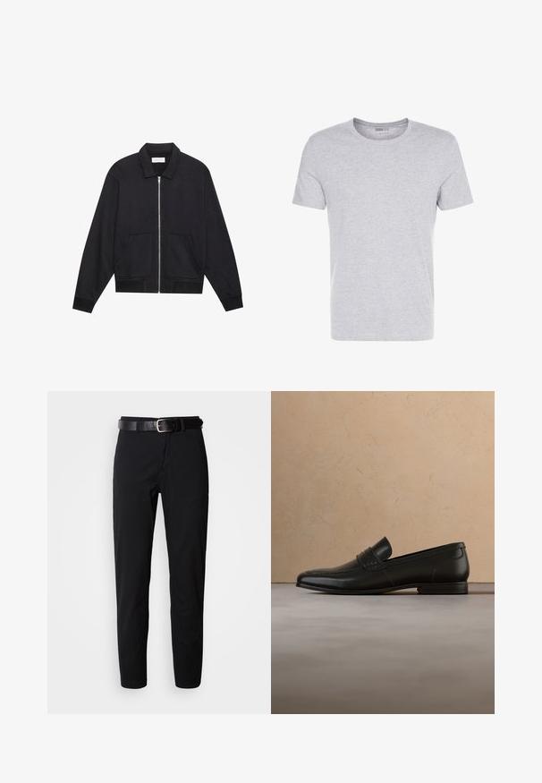 Veste noire zippée avec col, deux poches avant, poignets côtelés et finition en tissu texturé. Design simple et moderne.; T-shirt en coton gris avec un col rond, des manches courtes et un design sobre, offrant une texture douce et lisse sans motifs ni embellissements visibles.; Pantalon noir à coupe droite, avec une texture lisse et une ceinture en cuir noir avec une boucle en métal argenté. Design simple, sans motifs ni accents.; Mocassin en cuir noir présenté en lévitation au-dessus d'un tapis beige avec un canapé beige en arrière-plan.