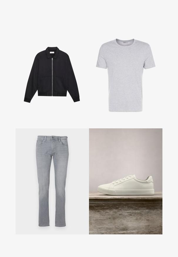 Schwarze Zip-Jacke mit Kragen, zwei Fronttaschen, gerippten Bündchen und einer strukturierten Stoffoberfläche. Einfaches und modernes Design.; Graues Baumwoll-T-Shirt mit Rundhalsausschnitt, kurzärmlig und schlichtem Design, das eine weiche, glatte Textur aufweist und keine sichtbaren Muster oder Verzierungen hat.; Graue Jeans aus Denim mit geradem Bein, ausgestattet mit einem Frontknopf und einem Reißverschluss, fünf Taschen und subtilen Verwaschungen.; Weiße Schnürsneaker, die über einer Holzbank mit grünem Laub im Hintergrund schweben und das Schuhdesign sowie die Textur zeigen.