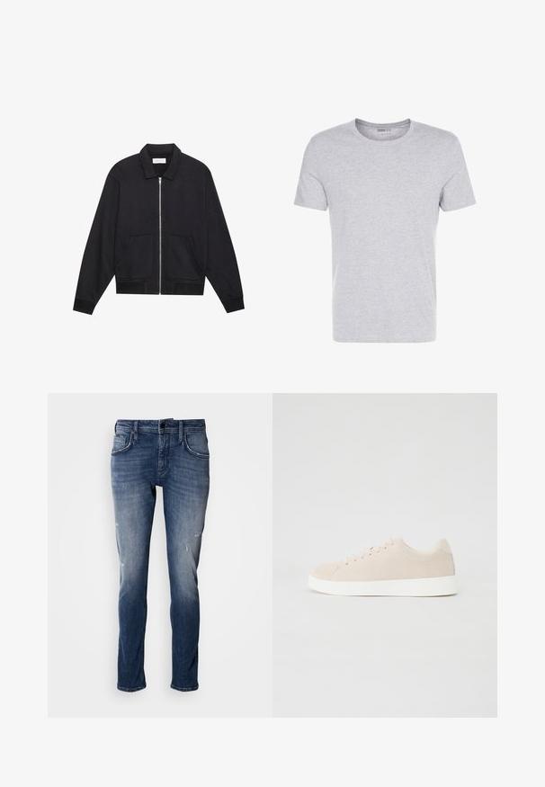 Sort lynlåsjakke med krave, to frontlommer, ribbede manchetter og en struktureret stoffinish. Enkel og moderne design.; Grå bomulds T-shirt med rund hals, korte ærmer og et enkelt design, som har en blød, glat tekstur uden synlige mønstre eller udsmykninger.; Antony Morato KURT COMFORT - Jeans Tapered Fit - blue denim; Beige ruskindsneakers med hvide gummisåler, rund tå og seks snøringshuller. Glat tekstur med minimalisk design.
