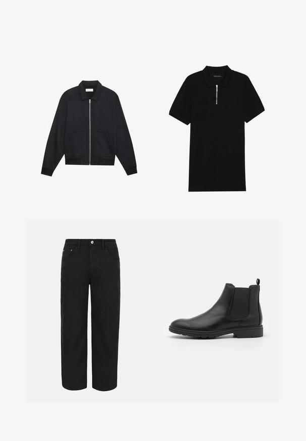 Sort lynlåsjakke med krave, to frontlommer, ribbede manchetter og en struktureret stoffinish. Enkel og moderne design.; Sort polo-shirt lavet af glat stof, med lynlås-lukning, korte ærmer og klassisk krave. Etiket læser "PIER ONE."; Sorte bukser med lige ben, forrest med knap- og lynlåslukning, bæltestropper og tre forlommer på en ensfarvet lys baggrund.; Sort læder Chelsea-boot med elastiske sidepaneler og en løftestrop, der har en rund tå og en tekstureret gummisål.