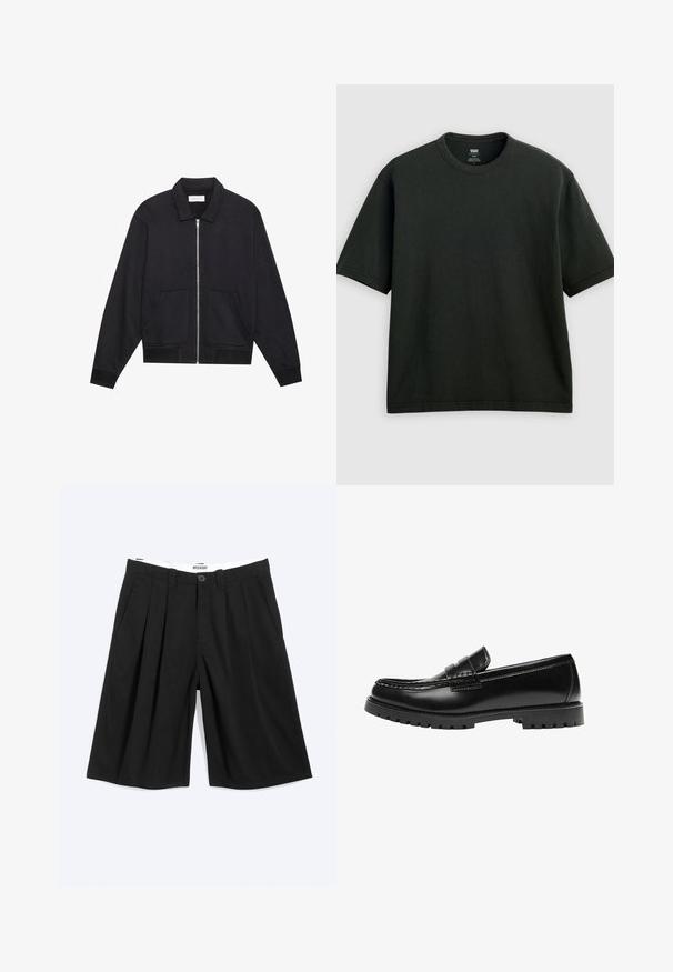 Veste noire zippée avec col, deux poches avant, poignets côtelés et finition en tissu texturé. Design simple et moderne.; T-shirt noir à manches courtes avec col rond, coupe ample, présenté sur un fond gris clair uniforme.; Short noir plissé longueur genou avec passants de ceinture, poches latérales et fermeture par bouton, présenté à plat sur fond blanc.; Mocassin en cuir noir avec une semelle en caoutchouc épaisse et un détail classique de bride à monnaie, vu de côté extérieur.