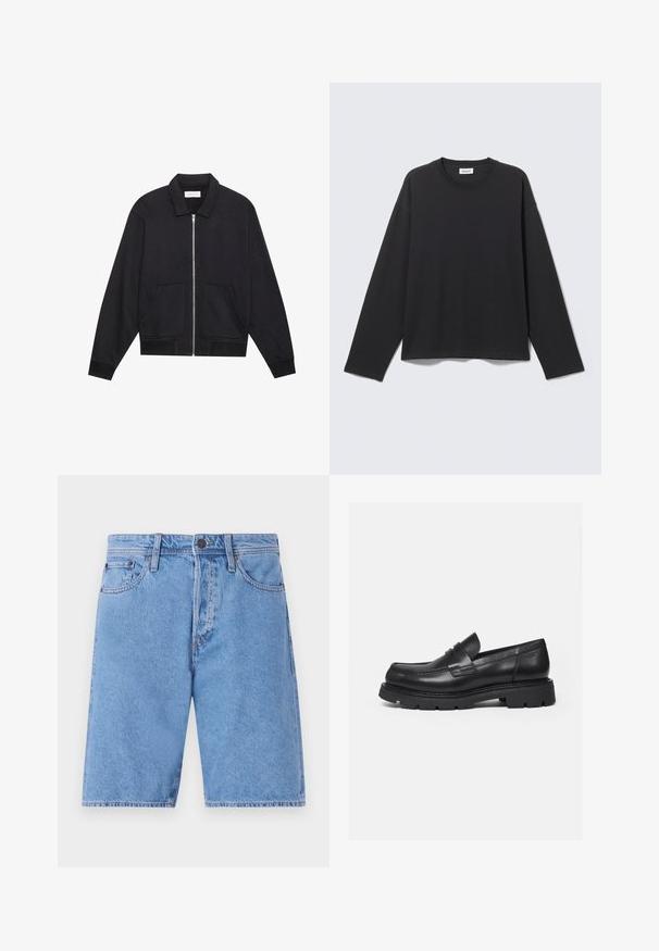 Sort lynlåsjakke med krave, to frontlommer, ribbede manchetter og en struktureret stoffinish. Enkel og moderne design.; Sort langærmet t-shirt med rund hals og enkel, løs pasform, vist fladt mod en lys grå baggrund.; Lys blå denimshorts med et klassisk fem-lomme design, knaplukning og lige ben, prydet med en falmet tekstur og syninger som detaljer.; Sort læderloafer med tyk rillede sål og penny-remdetalje, vist i højre sideprofil på hvid baggrund.