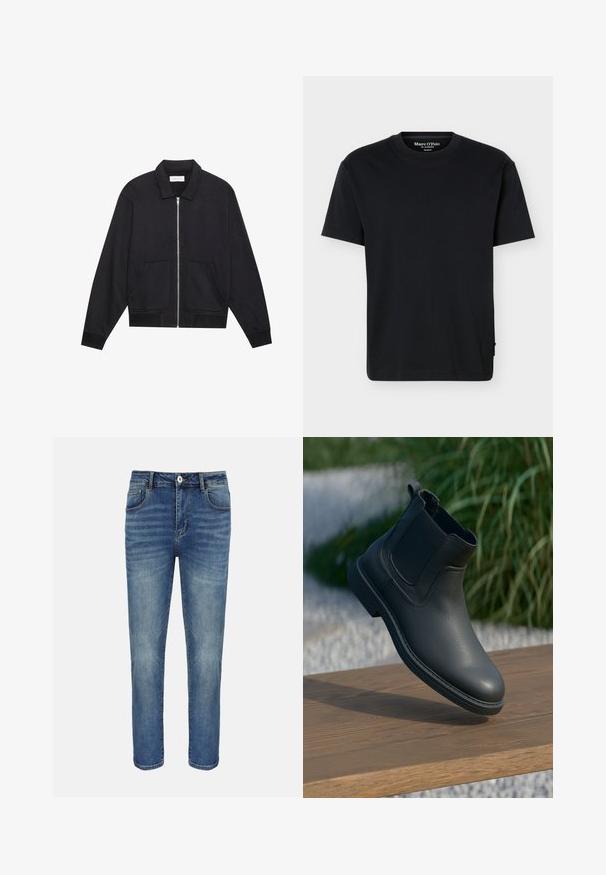Schwarze Zip-Jacke mit Kragen, zwei Fronttaschen, gerippten Bündchen und einer strukturierten Stoffoberfläche. Einfaches und modernes Design.; Schwarzes kurzärmeliges T-Shirt mit Rundhalsausschnitt, lockerem Schnitt und Marc O’Polo-Logo im Inneren des Kragens vor einfarbigem Hintergrund.; Blaue gerade geschnittene Jeans mit vorderer Knopfleiste und Reißverschluss, Gürtelschlaufen sowie Vorder- und Gesäßtaschen.; Schwarze Leder-Stiefelette mit elastischen Seitenpanelen, strukturierten Akzenten und Gummisohle; die Präsentation umfasst eine Holzoberfläche und Grünpflanzen.