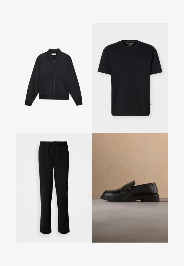 Sort lynlåsjakke med krave, to frontlommer, ribbede manchetter og en struktureret stoffinish. Enkel og moderne design.; Sort T-shirt med korte ærmer og rund hals, afslappet pasform og Marc O’Polo-mærkat på indersiden af kraven på en ensfarvet baggrund.; Sorte sweatpants med snor i taljen, lavet af blødt og strækbart stof. Har en afslappet pasform med lige ben og uden synlige lommer.; Sort læderloafer svæver over et beige flettet tæppe med et rundt træbord og en sofa i baggrunden.