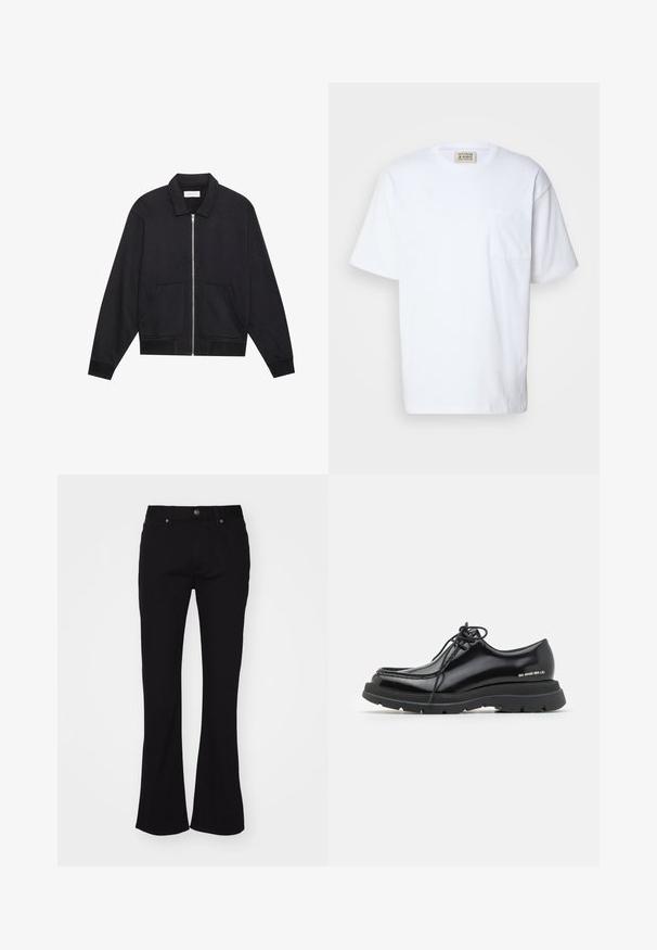 Sort lynlåsjakke med krave, to frontlommer, ribbede manchetter og en struktureret stoffinish. Enkel og moderne design.; Hvid kortærmet t-shirt lavet af bomuld. Indeholder en brystlomme og subtil syning på lommen. Rund halsudskæring.; Sorte højtaljede flared jeans med frontknap og fem-lomme-design, præsenteret på en hvid baggrund.; Sorte læder dressko med rund tå, tyk gummisål, snørebåndsdesign og markant syning langs kanten.