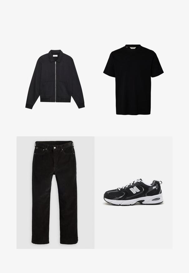 Sort lynlåsjakke med krave, to frontlommer, ribbede manchetter og en struktureret stoffinish. Enkel og moderne design.; Sort kortærmet T-shirt med rund hals og enkelt design, vist på hvid baggrund.; Sorte corduroy lige bukser med frontknap, lynlås, bæltestropper og fem-lomme design på en ensfarvet lys baggrund.; Sorte og grå sportssko med mesh og ruskind på overdelen, der har en hvid mellemsål, snørebånd og et iøjnefaldende "N" logo på siden.