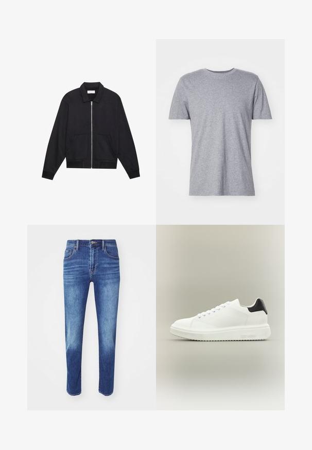 Sort lynlåsjakke med krave, to frontlommer, ribbede manchetter og en struktureret stoffinish. Enkel og moderne design.; Grå, kortærmet t-shirt lavet af en bomuldsblanding, der har en klassisk crew neckline og en glat, blød tekstur.; Blå denimjeans med lige skæring, fem-lomme design og klassisk knaplukning. Har subtil fading og broderede detaljer.; Hvid lav sneakers med tyk sål, snørelukning foran og sort hælstrop, mærket med "Steve Madden" på siden af sålen.