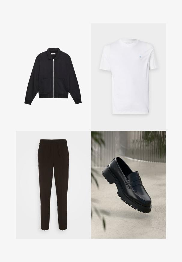 Schwarze Zip-Jacke mit Kragen, zwei Fronttaschen, gerippten Bündchen und einer strukturierten Stoffoberfläche. Einfaches und modernes Design.; Weißes Baumwoll-T-Shirt mit rundem Halsausschnitt und kurzen Ärmeln, mit einem hellblauen Logo auf der linken Brust. Glatte Textur, schlichtes Design.; Schwarze, lange, schmal zulaufende Hose aus einem weichen, glatten Material. Mit einem elastischen Bund und einem Kordelzug für eine verstellbare Passform.; Schwarze Lederloafer mit einer robusten profilierten Sohle, ausgestattet mit einem dekorativen Riemen und einer Stichdetail. Glatte Textur mit einem polierten Finish.