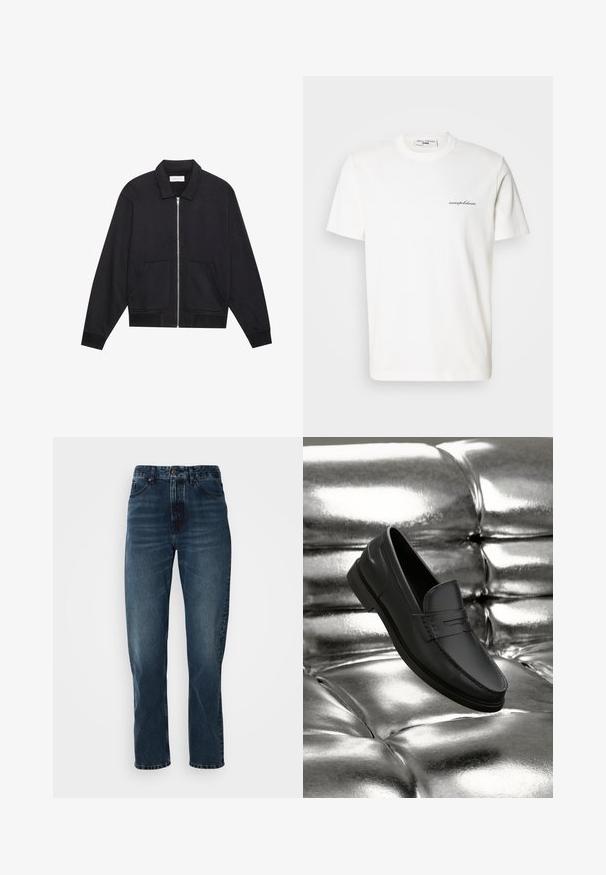 Chaqueta negra con cremallera y cuello, dos bolsillos frontales, puños acanalados y un acabado de tela texturizada. Diseño simple y moderno.; Camiseta blanca de algodón con cuello redondo y mangas cortas. Presenta un pequeño texto de logo negro en el lado izquierdo del pecho.; Jeans de pierna recta azul oscuro con cierre frontal de botón y cremallera, diseño de cinco bolsillos y un ligero desgaste en los muslos y las rodillas.; Mocasines de cuero negro con una textura suave, que presentan detalles de costura y un diseño clásico, mostrados sobre un fondo metálico y brillante.
