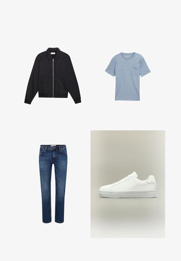 Veste noire zippée avec col, deux poches avant, poignets côtelés et finition en tissu texturé. Design simple et moderne.; T-shirt à manches courtes bleu clair en tissu doux, avec un col rond et une poche poitrine. Texture lisse et coupe décontractée.; Jeans en denim de couleur bleu foncé avec une coupe droite, style cinq poches et surpiqûres contrastées. Taille standard avec fermeture à bouton.; Baskets basses blanches à lacets, doté d'un col rembourré et d'une semelle en caoutchouc texturée, présentées de profil sur un fond neutre.