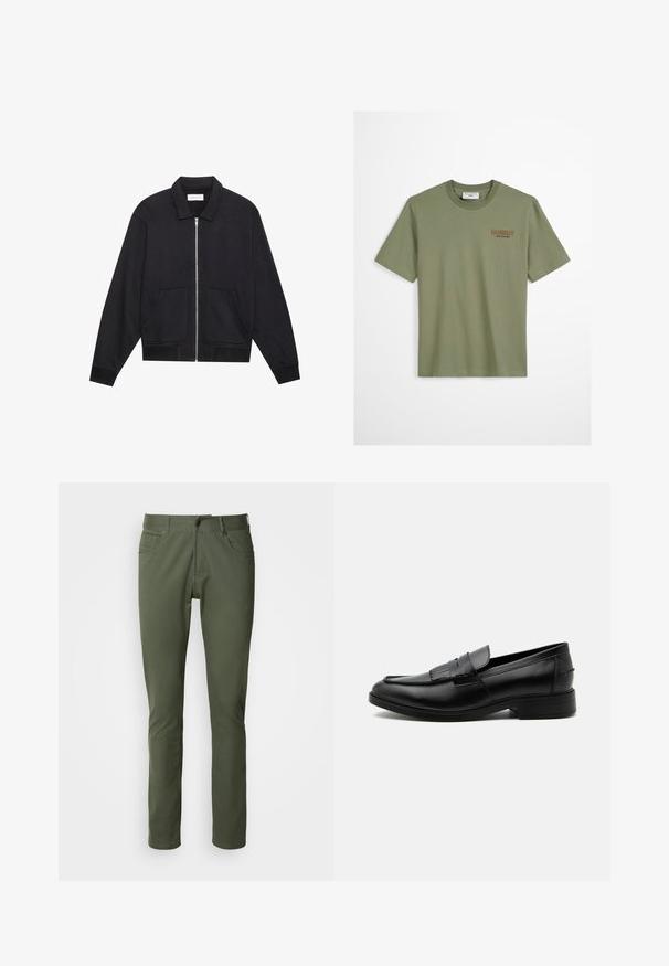 Sort lynlåsjakke med krave, to frontlommer, ribbede manchetter og en struktureret stoffinish. Enkel og moderne design.; Oliven grøn bomulds t-shirt med korte ærmer, rund hals og "Howdy" broderet i brunt på venstre bryst. Glat tekstur, afslappet pasform.; Olivenfarvede bukser lavet af bomuldsblanding, med klassisk lige pasform, fem lommer og metalknaplukning. Glat tekstur.; Sort læder herre loafers med kvast detalje, rundet tå, lav hæl og glat poleret finish, vist fra siden på hvid baggrund.