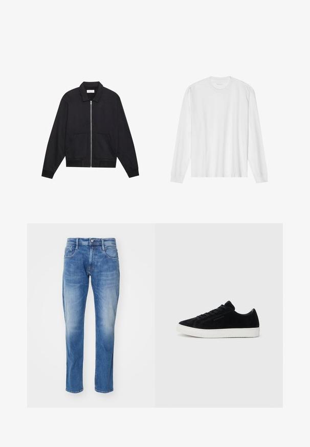 Sort lynlåsjakke med krave, to frontlommer, ribbede manchetter og en struktureret stoffinish. Enkel og moderne design.; Hvid, langærmet t-shirt i bomuld med rund hals, med ribbede ærmeafslutninger og en lige kant, glat tekstur og minimalistisk design.; Lys blå denim jeans med lige ben, fem-lomme design, subtil falmning, og en standart talje med knaplukning.; Sorte suede sneakers med lav-top design, rund tå og hvid gummisål. Har sorte snørebånd og minimal branding på siden.
