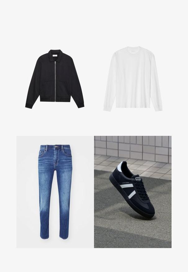 Sort lynlåsjakke med krave, to frontlommer, ribbede manchetter og en struktureret stoffinish. Enkel og moderne design.; Hvid, langærmet t-shirt i bomuld med rund hals, med ribbede ærmeafslutninger og en lige kant, glat tekstur og minimalistisk design.; Blå denimjeans med lige skæring, fem-lomme design og klassisk knaplukning. Har subtil fading og broderede detaljer.; Sort lædersneaker med hvide striber, tekstureret gummisål og snørrebånd foran. Har et brandet mærke på tungen.