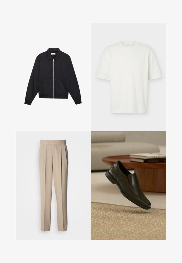 Veste noire zippée avec col, deux poches avant, poignets côtelés et finition en tissu texturé. Design simple et moderne.; T-shirt blanc texturé à manches courtes, col rond, coupe régulière et petite étiquette de marque à l'intérieur du col.; Pantalon beige taille haute à plis, coupe droite, avec une texture lisse et sans ornements ni motifs visibles.; Chaussure habillée noire en cuir sans lacets flottant au-dessus d'un tapis beige tissé, avec une table basse ronde en bois et des livres empilés en arrière-plan.