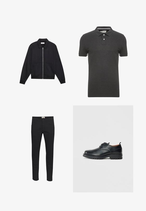 Schwarze Zip-Jacke mit Kragen, zwei Fronttaschen, gerippten Bündchen und einer strukturierten Stoffoberfläche. Einfaches und modernes Design.; Dunkelgraues Poloshirt mit kurzen Ärmeln, einem Kragen und einer dreiknöpfigen Knopfleiste. Mit subtilen gestreiften Details im Kragen.; Schwarze Hosen aus solidem Fabric, mit regulärer Passform, fünf Taschen-Design und Knopfverschluss. Elegant und vielseitig.; Schwarze Leder Derby-Schuhe mit glatter Textur, runder Zehenform, Schnürdesign und einer dicken, robusten Gummisohle.