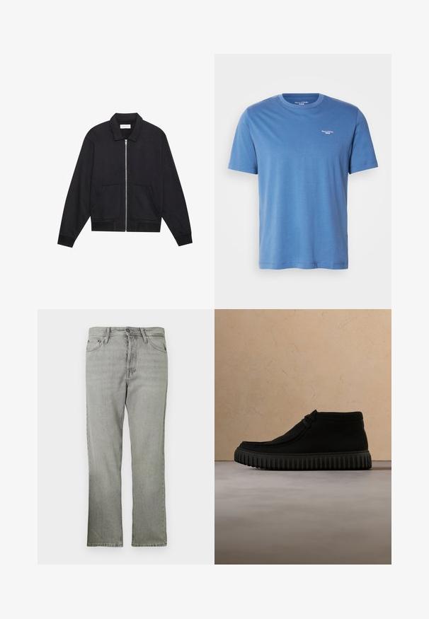 Sort lynlåsjakke med krave, to frontlommer, ribbede manchetter og en struktureret stoffinish. Enkel og moderne design.; Lyseblå kortærmet t-shirt lavet af blødt stof, med rund halsudskæring og et lille hvidt logo på den øverste venstre bryst.; Lys grå denim jeans med lige pasform, der har fem lommer, en lynlås foran og en subtil falmet tekstur.; Sorte ankelstøvler lavet af blødt materiale, med rund tå, minimal snøring og en tekstureret gummisål med lodrette riller.