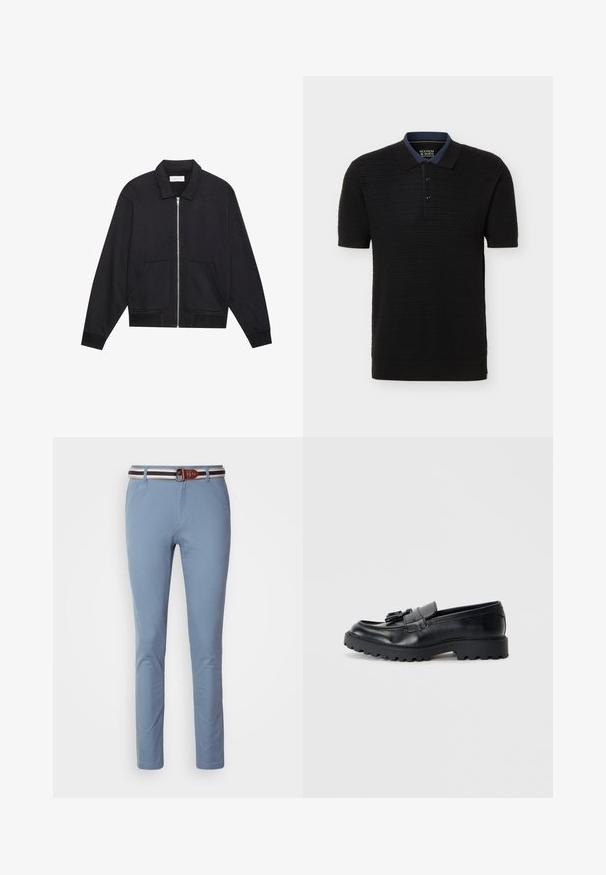 Zwarte ritssluiting jack met een kraag, twee voorkruiszakken, ribgebreide manchetten en een textuurstofafwerking. Eenvoudig en modern ontwerp.; Zwart kort mouwen gebreide polo met een gestructureerd patroon, tweeknoopssplit, geribbelde manchetten en een contrasterende donkerblauwe kraagbinnenkant.; Lichtblauwe broek met een slim fit, voorzien van een bruine leren riem met witte en marineblauwe gestreepte accenten. Glad stofoppervlak, klassiek ontwerp.; Zwarte leren loafers met een glanzende afwerking, een dikke rubberen zool en een decoratieve kwastdetail aan de voorkant.