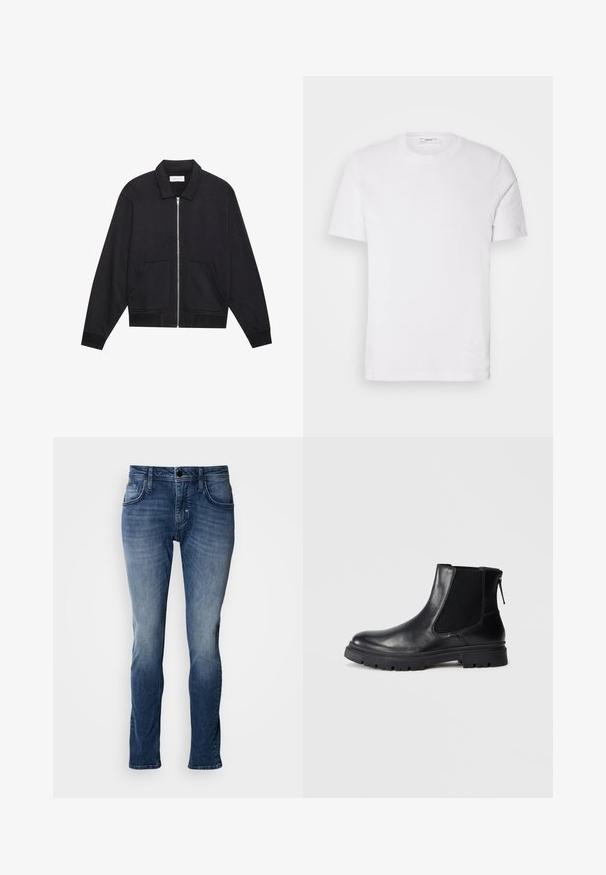 Schwarze Zip-Jacke mit Kragen, zwei Fronttaschen, gerippten Bündchen und einer strukturierten Stoffoberfläche. Einfaches und modernes Design.; Weißes Baumwoll-T-Shirt mit Rundhalsausschnitt und kurzen Ärmeln. Verfügt über ein dezentes Logo auf der Vorderseite, eine glatte Textur und eine klassische Passform.; Blaue Jeans aus Denim mit einem ausgewaschenen Finish, Fünf-Taschen-Design, geradem Bein und Steppnähte. Einfache Knopf- und Reißverschlussöffnung.; Schwarze Leder-Ankle-Boots mit einer glatten Oberfläche, elastischen Mesh-Seitenteilen und einer robusten Sohle mit sichtbarem Profil.
