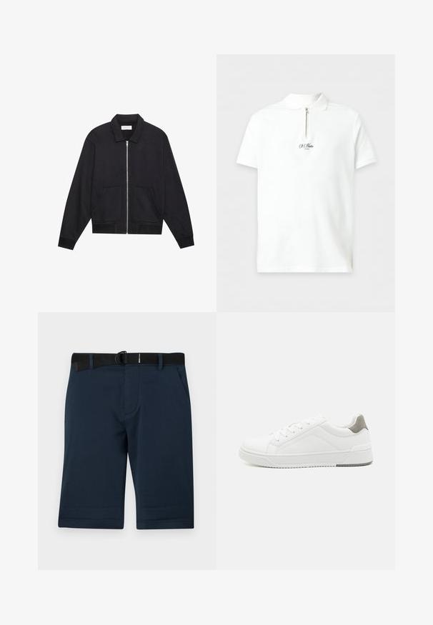 Veste noire zippée avec col, deux poches avant, poignets côtelés et finition en tissu texturé. Design simple et moderne.; Polo blanc à manches courtes avec col zippé et petit logo texte noir « St Martin London » au centre de la poitrine.; Shorts bleu marine en tissu texturé, présentant une ceinture noire ajustable, deux poches latérales et un ourlet droit.; Basket blanche en cuir lisse, à bout arrondi, design minimaliste, accent de talon gris et semelle en caoutchouc texturé.