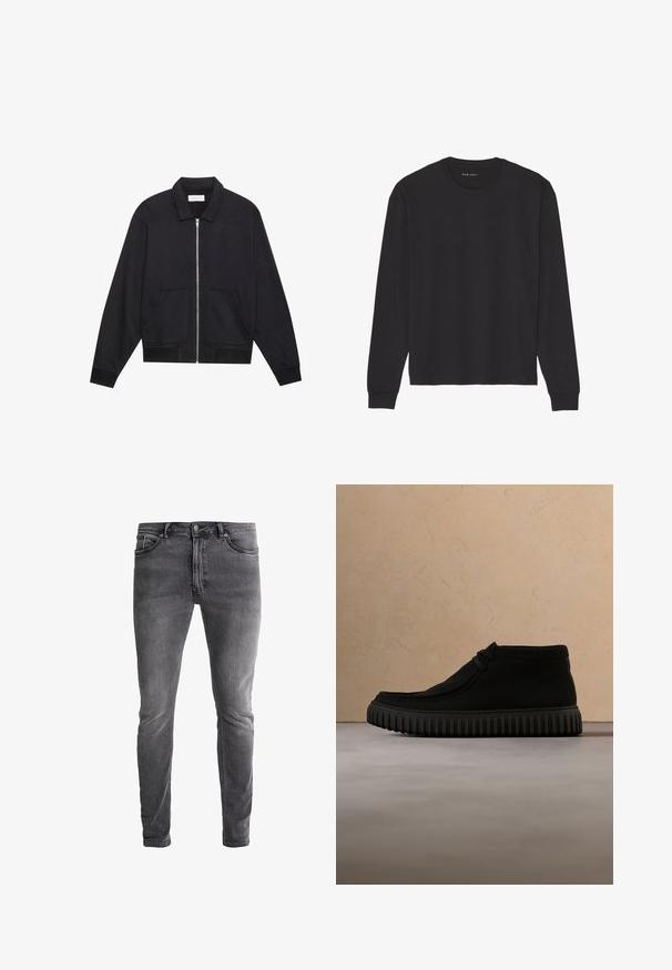 Sort lynlåsjakke med krave, to frontlommer, ribbede manchetter og en struktureret stoffinish. Enkel og moderne design.; Sort langærmet T-shirt lavet af blød bomuld. Har en klassisk rund hals, ribbede manchetter og en afslappet pasform. Simpelt design uden mønstre.; Slanke grå denimjeans med en let stræk. Har fem lommer, lynlås foran og en kontrasterende metalknap. Vasket overflade med falmede effekter.; Sorte ankelstøvler lavet af blødt materiale, med rund tå, minimal snøring og en tekstureret gummisål med lodrette riller.