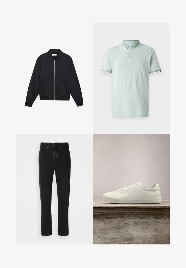 Zwarte ritssluiting jack met een kraag, twee voorkruiszakken, ribgebreide manchetten en een textuurstofafwerking. Eenvoudig en modern ontwerp.; Lichtgroen polo shirt van zacht materiaal, met een klassieke kraag, drie knopen, en witte accenten op de kraag en mouwen.; Zwarte denim jeans met een recht ontwerp, voorzien van een knoop- en ritsluiting, voorzakken en een subtiele textuur.; Witte vetersneaker die boven een houten bank zweeft met groene bladeren op de achtergrond, waarbij het ontwerp en de textuur van de schoen worden getoond.