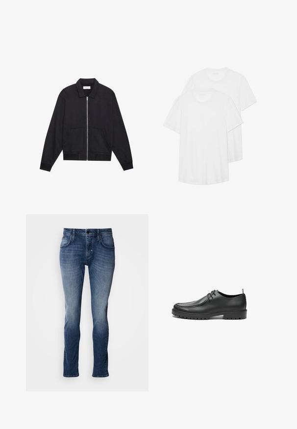 Schwarze Zip-Jacke mit Kragen, zwei Fronttaschen, gerippten Bündchen und einer strukturierten Stoffoberfläche. Einfaches und modernes Design.; Zwei weiße Kurzarm-T-Shirts aus Baumwolle mit Rundhalsausschnitt, weichem Material und einem einfachen, schlichten Design.; Blaue Jeans aus Denim mit einem ausgewaschenen Finish, Fünf-Taschen-Design, geradem Bein und Steppnähte. Einfache Knopf- und Reißverschlussöffnung.; Schwarze Lederschuhe mit glatter Oberfläche, runder Zehenform und dekorativer Naht. Mit einer Gummisohle mit Traktionsrillen und Schnürdesign.