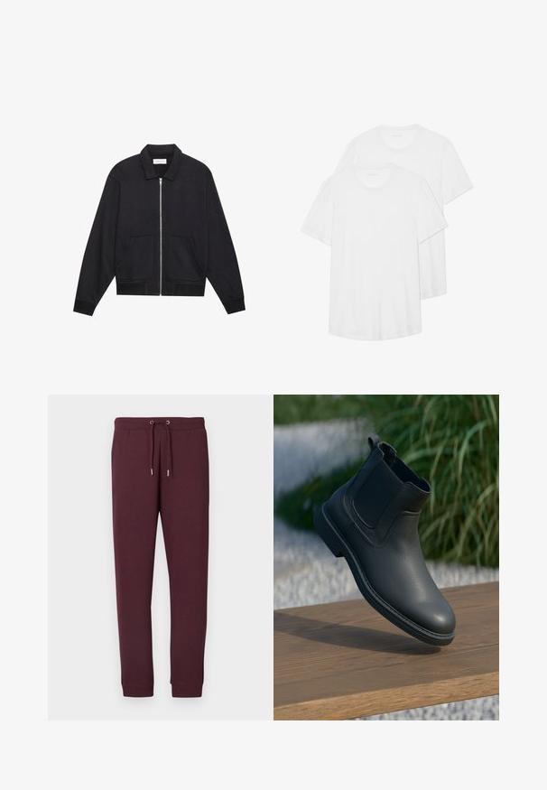 Veste noire zippée avec col, deux poches avant, poignets côtelés et finition en tissu texturé. Design simple et moderne.; Deux T-shirts blancs à manches courtes en coton, dotés d'un col rond, d'une texture douce et d'un design simple et sans ornement.; Pantalon de survêtement bordeaux en tissu doux, avec une taille élastique à cordon de serrage et des poignets côtelés aux chevilles. Sans poches.; Bottine en cuir noir avec des panneaux latéraux élastiques, des accents texturés et une semelle en caoutchouc ; l'affichage comprend une surface en bois et de la verdure.